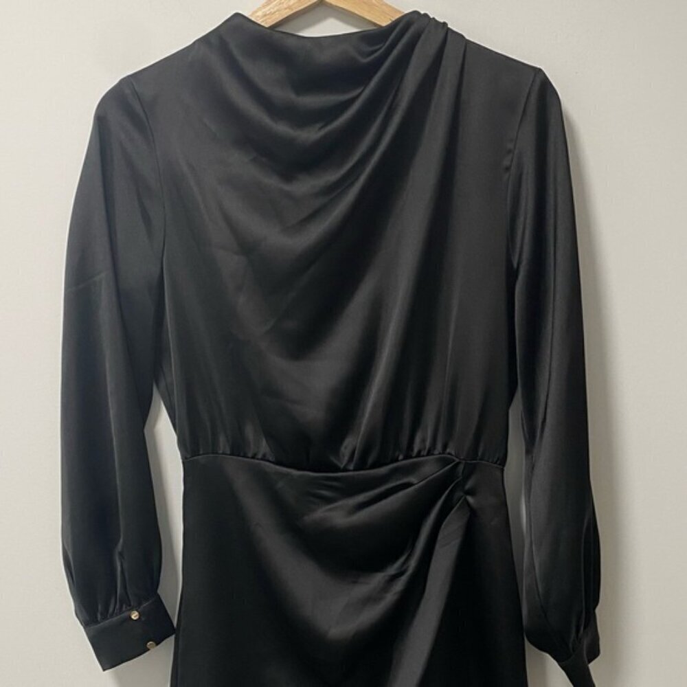 Zara Satin Black Draped Mini Dress Size XS — Gathered Waist Detail - Picture 4 of 9